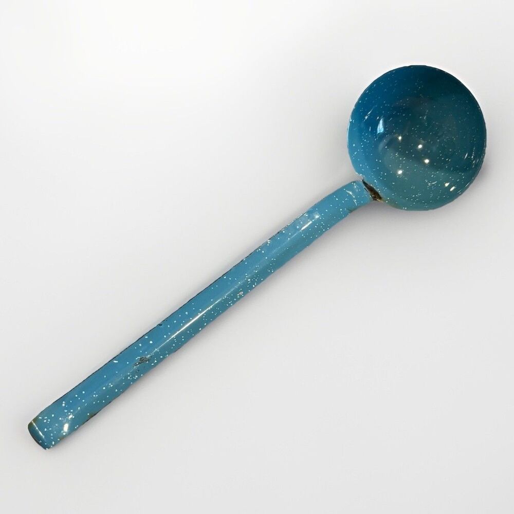 Vintage Enamelware Soup Ladle Blue Speckled Mid Century 11.5”
